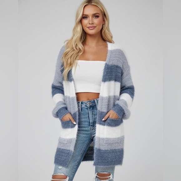Blue Drop Shoulder Open Front Fluffy Knit Cardigan - Picture 1 of 9